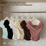 0829# Folded Design Sense Chestless Cushion Integrated Short-Sleeved T-Shirt Repair Pure Color Carefully Hottie Top