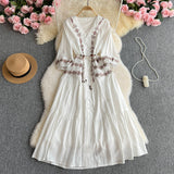 Vintage National Bubble Sleeve V-Neck Dress Women's Summer Embroidery Single-Caught Belt Design Temperament Long Dress