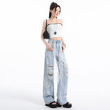 (No Belt) 2025 Summer Explosion Heavy Industry Lace Ripped Jeans Women High Waist Thin Korean Version Fashion Print
