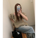 Korean Version Of The Retro Age Reduction Of The Age-Skinny Buds Under The Hem Bubble Short Sleeves And Shoulders Knitted Top 2 Colors
