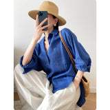 French Klein Blue Linen Sunscreen Shirt Women's Spring And Summer Thin Languid High-Grade Cotton T-Shirt Jacket