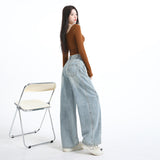 1101# Light Blue Embroidered Broad-Legged Jeans Women's New High-Rise Straight-Barreed Loose Drag Trousers