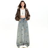 Vintage Fun Puppy Broad-Legged Jeans Women Loose Thin Straight Trousers