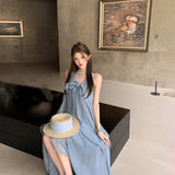 Island Holiday Wear Design Atmosphere With Blue Flowers Hanging Back Folds High-End Dress