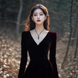Famous Temperament Velvet Dress Women Autumn And Winter New Feeling Slim Back Slim V Collar Bottom Fishtail Skirt