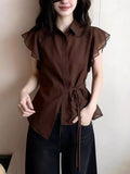 Design Sense Of The Color Small Clame Short-Sleeved Shirt Women Summer Small Man To Close The Waist Tied With Lotle Side Temperament Shoulder Coat