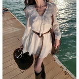 High-Grade Big-Name Sweet Peach White Long-Sleeved Sunscreen Dress Women's Holiday Small White Dress Small Man To Give Belt