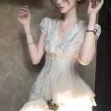 Kyoto Tea Room V-Neck Cereise Lace Embroidery Spliced Short-Sleeved Bow Blouse Dress Suit Summer Girl