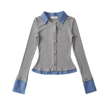 College Wind Fake Two Long-Sleeved Knitted Shirt Women's Shirt Collar Thin Short Sweater Korean Cardigan New