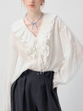 White Shirt Women's New Design In Autumn 2025 Design Sensing French V-Necked Leaf Sided Long Sleeve Blouse
