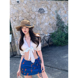 Seaside Holiday Dopamine Wearing French-Style Extras Tied With Short Shirt Blue Floral Half-Dress Suit