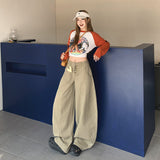 6008 Gray-White Retro Single-Dlong Jeans Women Loose Wide Legs Long Pants
