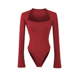 Grey Street Long-Sleeved T-Shirt Girl Spring And Autumn Slimming Square Collar Shoulder Knitting Hottie Bottom Top