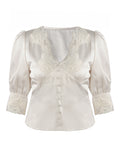 Korean Atmosphere Imitation Acetate Lace Side Bubble Sleeve To Close The Waist V Collar Top