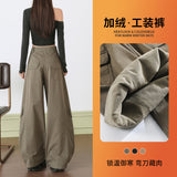 7744 Autumn And Winter Plus Velvet Vintage Hottie Scissors Trousers Set Thin Multi-Pocket Broad-Legged Workwear Casual Pants