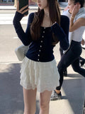 Dream Girl_Basic Line Hollow Diamond Buckle Cardigan / U-Neck Wool Knitted Jersey Baby Blue Knitted Cardigan