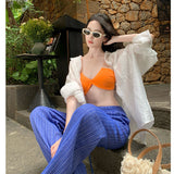 2025 Seaside Resort Suit Women's Casual Sunscreen Shirt Shirt + Bikini Sling + Wide Leg Pants