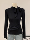 French Temperament Sense Bow Strap Design Long-Sleeved T-Shirt Women Winter Wind Chic Repair Bottom Top