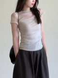 Net Yarn Spliced White Perspective Shoulder Short Sleeve T-Shirt Girls Summer Particularly Beautiful Threous Small Top Thin