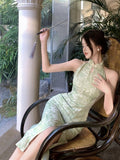 New Chinese Style Breeze Breeze Cold Green Improved Cheongsam Sexy Style Thousands Of Beautiful Hanging Neck Dress Women Summer