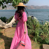 2025 Summer Dress New Gentle Style Retro Deep V-Neck Hollow Bubble Sleeve Short-Sleeved Dress Sweet Holiday Dress