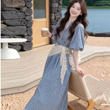 Pure White Moon Light Sweet Wind Blue Lattice Dress Women's Summer Simple College Style Small Fairy Dress