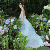 Design High-Grade Tea Break French Chic Beauty Small Fragrant Wind Seaside Holiday Nile Blue Hanging Neck Dress
