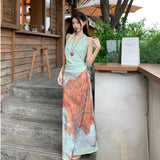 Dopamine Island Vacation Set Beautiful Hanging Neck Vest Suspension Half-Beauty Dress Two-Sleeve