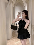 Delawed Neck Chain Lotus Leaf-Side Skirt Girl Summer Hottie Sexy Little Black Retro Romantic Dress