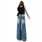 Spice Girls High Street Water Washed Flowers And Folds Design Vintage Embroidery With Loose Broad-Legged Straight Trousers