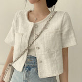 Korean Chic Spring And Summer French Small Fragrant Wind Pearl Buckle Round Necker Coarse Flowers Short Sleeves Jacket Topess
