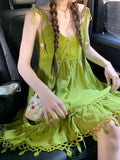 Avocado Green Knitted Hollow Thai Soleni Dress Woman Summer Seaside Holiday Summer Dopamine Skirt