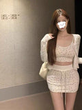 Spring Wear A Full Set Of Women's Long Sleeves Sleeve Sling Sling Vest Pure Hot Girl Casual Shorts Three-Piece Set