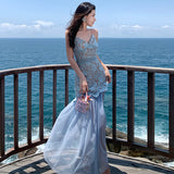 2025 Lace Sling Dress Women's Summer Seaside Resort Style To Collect Waist Removable Mesh Dress