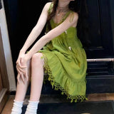 Avocado Green Knitted Hollow Thai Soleni Dress Woman Summer Seaside Holiday Summer Dopamine Skirt