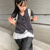 2026 Summer New Girl Feeling Four Button Doll Collar Casual Short-Sleeved Shirt Top 2 Colors