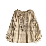 Vintage National Style New Chinese Lantern Sleeve Shirt Women's Summer Loose Thin Tweed Heavy Industry Embroidery Hollow Top