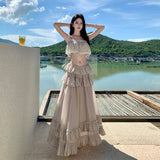 2026 Split Skirt Suit Rata Ash Slings Half Skirt Lotus Leaf Side Loose Holiday Two Sets