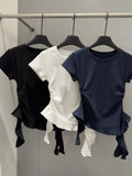 Korean Version Of The Spice Girls Round Collar Shoulder Short-Sleeved T-Shirt Girl Summer Self-Cultivity Design Sense Of Irregular Lotus Leaf Top