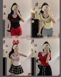 5089 # People Cotton Pure Want To Fake Two Shoulders Short-Sleeved T-Shirts 2025 Summer Slim Sweet Waist Top
