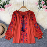 Spring And Autumn Vintage National Style Art Embroidery Round Collar Loose Thin Tsetse Cotton Shirt Women's Casual Top