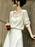 French Gentle Apricot-Color Hot Diamond Collar Top Women 2026 Summer New Commuting Thin Shirt