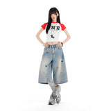 Puppy Embroidered Broad-Legged Seven-Point Jeans Women Low-Rise Loose Straight Eight-Point Thin Jeans