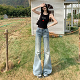 2025 Slim Horn Pants Retro Ice Blue Trumpet Jeans Women Design With A Sense Of Repairing Horseshoe Pants
