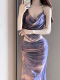 Art Fainting Print Hanging Neck Suit Female Neck Collar Collar Folded Folded Folded Strap Half-Dress Skirt Two