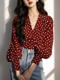 Red Wave Point Long-Sleeved Shirt Woman 2025 Spring And Autumn New French Retro Style Temperament Reduction Top