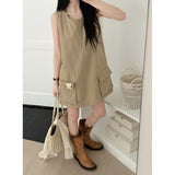 Summer New Wind Washing Water Cotton Large Pocket Loose Sleeveless Dress Women Thin Vest Skirt A Skirt