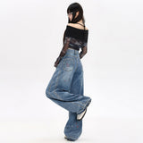 High Street Design Splashed With Painted Broad-Legged Jeans Women's Autumn Dress Retro Old Wasteland Trousers
