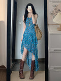 Holiday Style Retro Floral Sling Dress Women's Summer Design Irregular Dress To Collect Waist Thin A Skirt