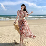 2025 Large-Size French Pure Lust Lotus Leaf Side By The Word Shoulder Dress Woman Summer Fat Vacation Half Skirt Broken Flower Set